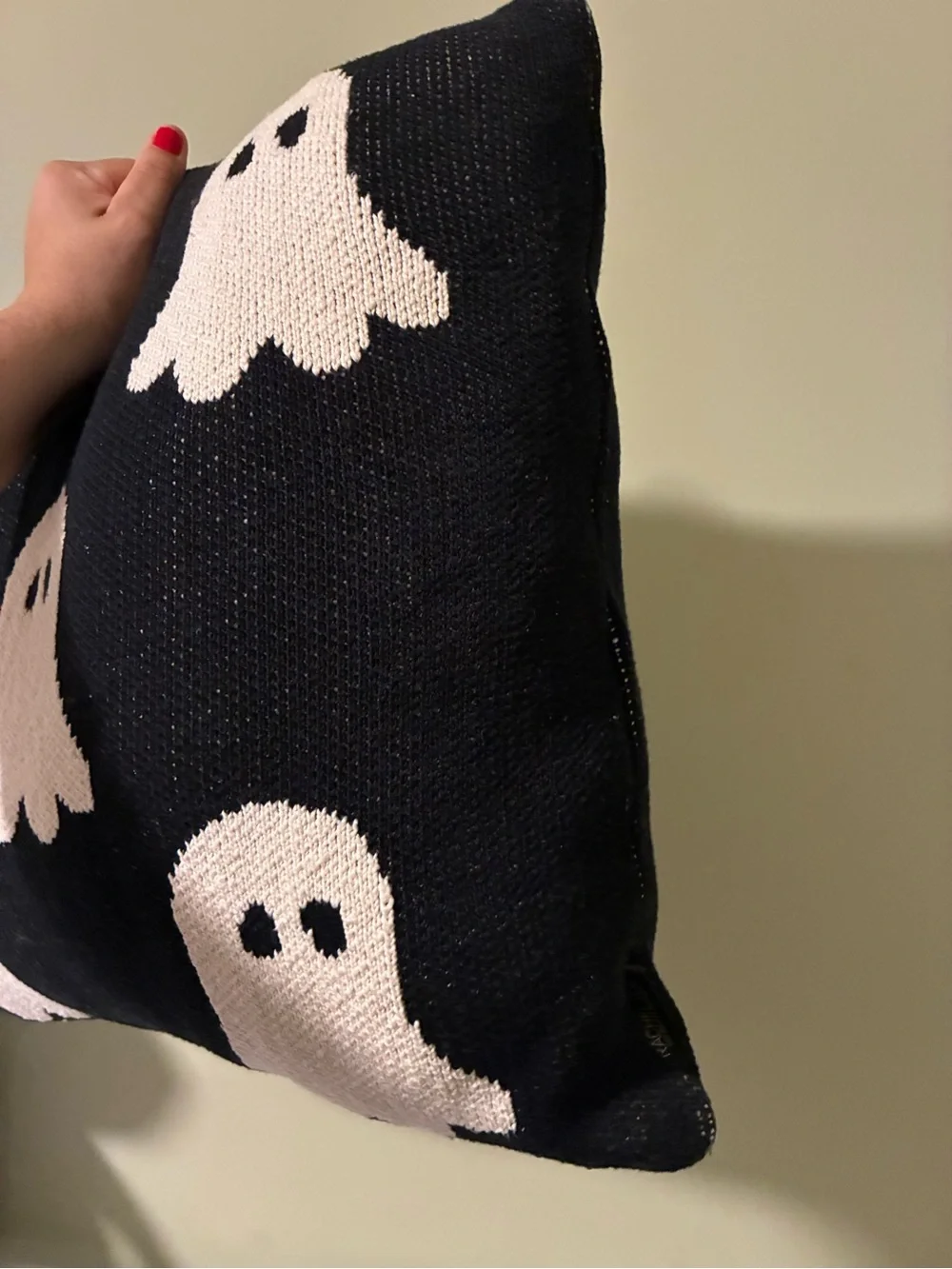 Rachel Zoe Black Knit Pillow with White Ghost Motif